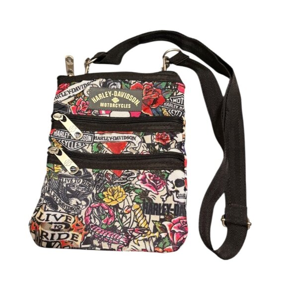 HARLEY DAVIDSON X-Body Sling Bag Adjustable Strap Tatoo Design 3 Zips - Picture 1 of 8